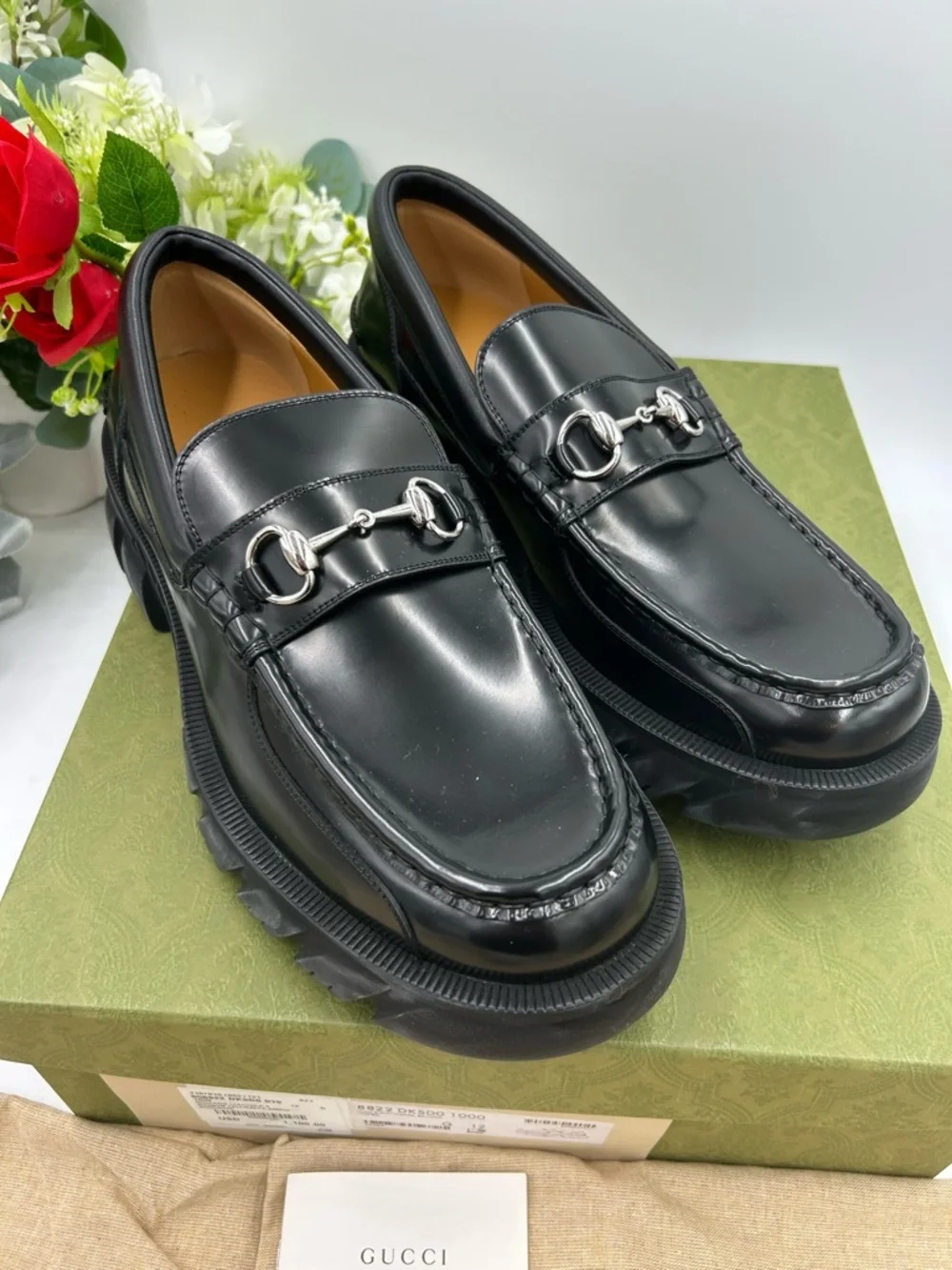 Men's Gucci Men's Black Leather Horsebit Lug Sole Loafers size 12 made in Italy